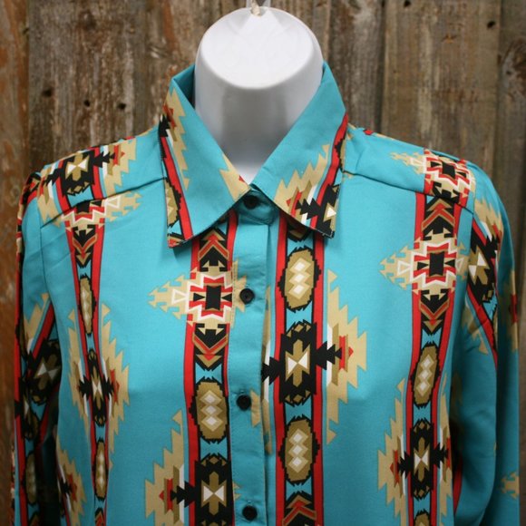 **Last One** Turquoise Aztec Print Blouse Chiffon Open Back NWT - Picture 5 of 7